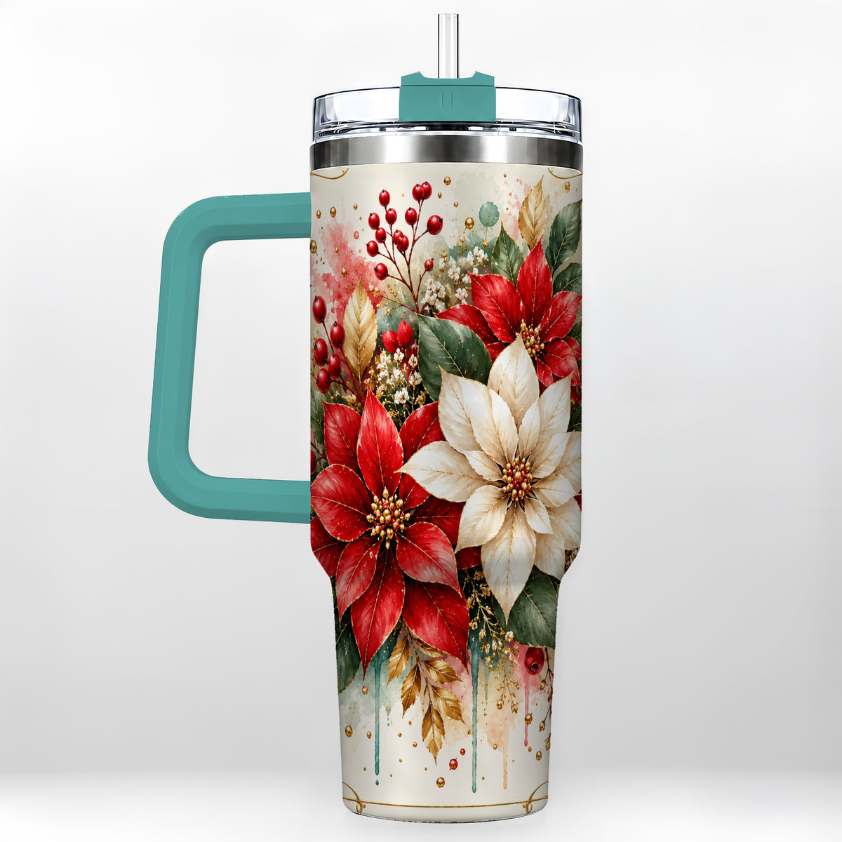 #pl[40oz|Green] Christmas Poinsettia 40oz Tumbler with Handle, Vintage Botanical Art