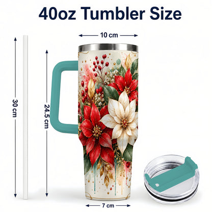 #pl[40oz|Green] Christmas Poinsettia 40oz Tumbler with Handle, Vintage Botanical Art
