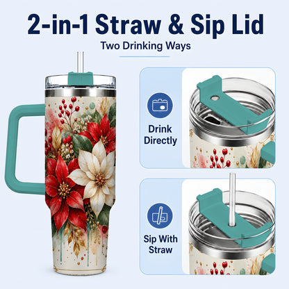 #pl[40oz|Green] Christmas Poinsettia 40oz Tumbler with Handle, Vintage Botanical Art