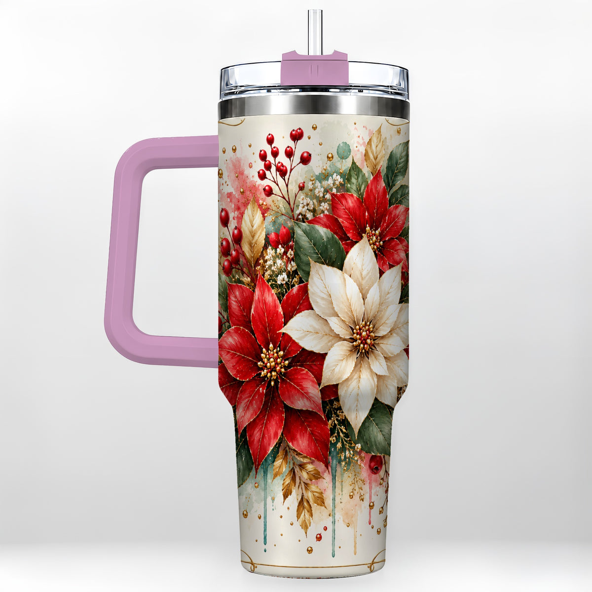 #pl[40oz|Pink] Christmas Poinsettia 40oz Tumbler with Handle, Vintage Botanical Art