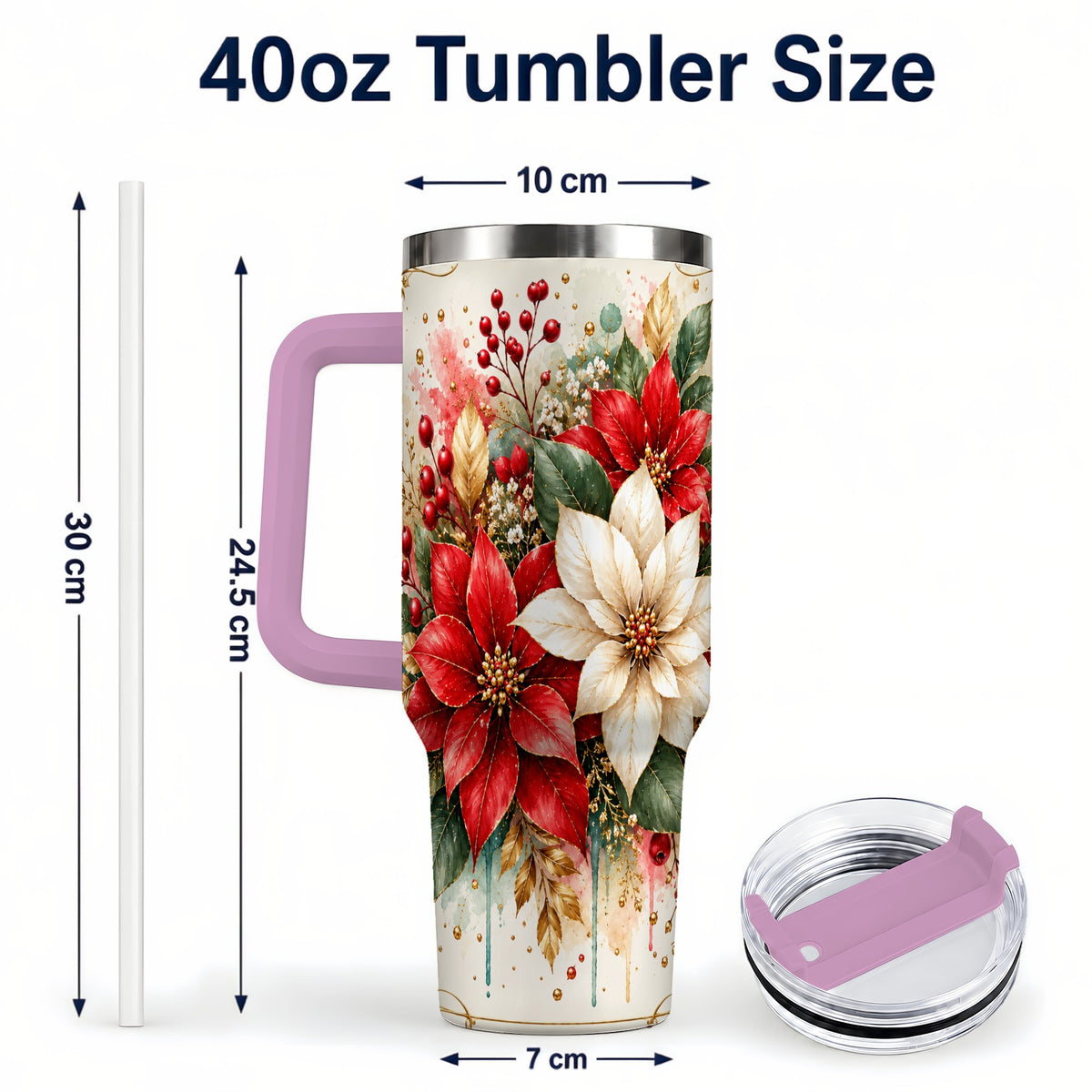 #pl[40oz|Pink] Christmas Poinsettia 40oz Tumbler with Handle, Vintage Botanical Art