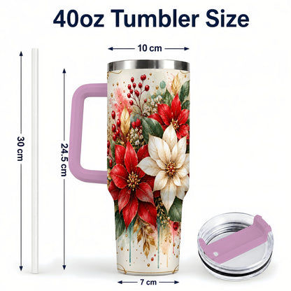 #pl[40oz|Pink] Christmas Poinsettia 40oz Tumbler with Handle, Vintage Botanical Art
