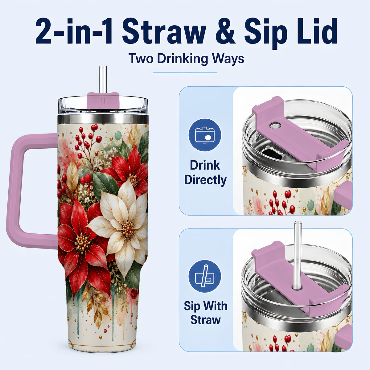 #pl[40oz|Pink] Christmas Poinsettia 40oz Tumbler with Handle, Vintage Botanical Art