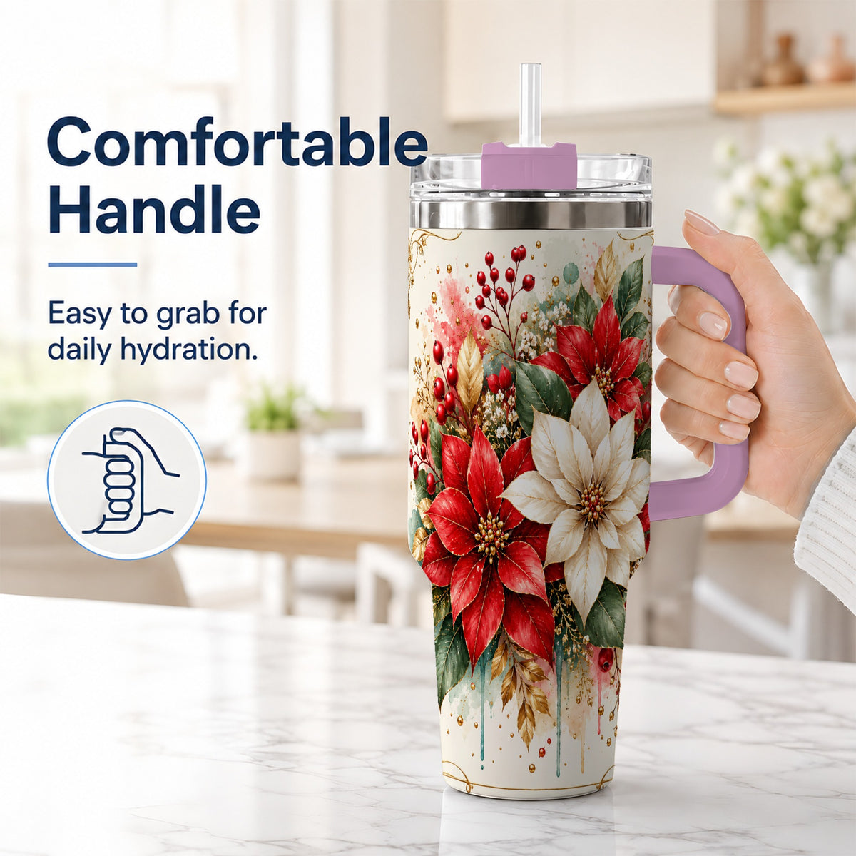 #pl[40oz|Pink] Christmas Poinsettia 40oz Tumbler with Handle, Vintage Botanical Art