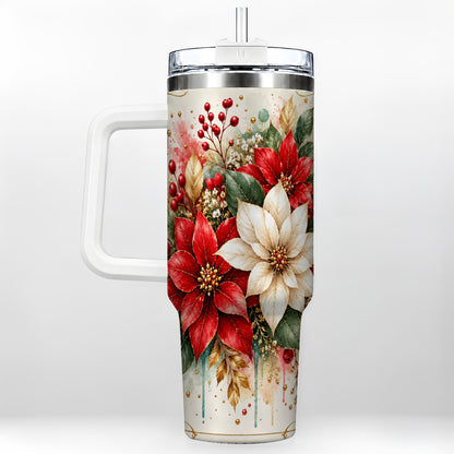 Christmas Poinsettia 40oz Tumbler with Handle, Vintage Botanical Art