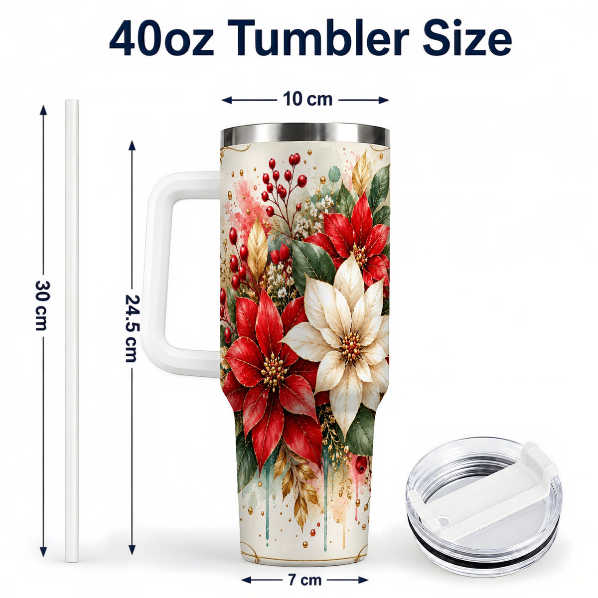 #pl[40oz|White] Christmas Poinsettia 40oz Tumbler with Handle, Vintage Botanical Art