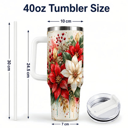 #pl[40oz|White] Christmas Poinsettia 40oz Tumbler with Handle, Vintage Botanical Art