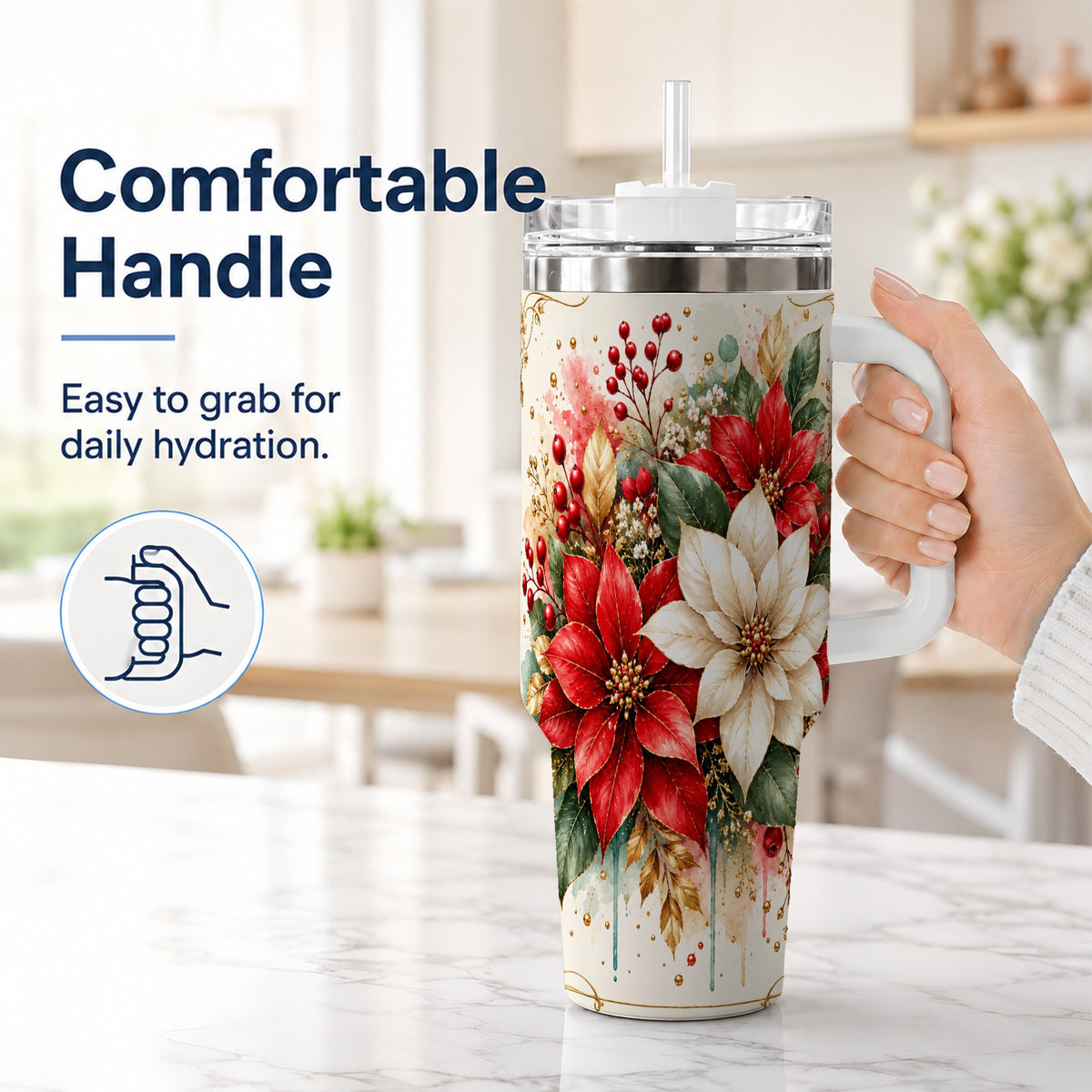 #pl[40oz|White] Christmas Poinsettia 40oz Tumbler with Handle, Vintage Botanical Art