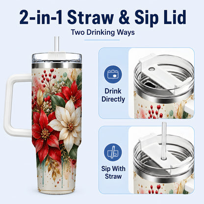 #pl[40oz|White] Christmas Poinsettia 40oz Tumbler with Handle, Vintage Botanical Art