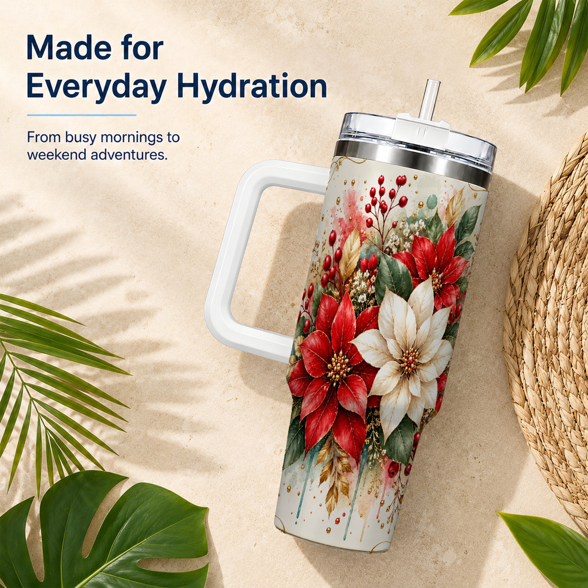 Christmas Poinsettia 40oz Tumbler with Handle, Vintage Botanical Art