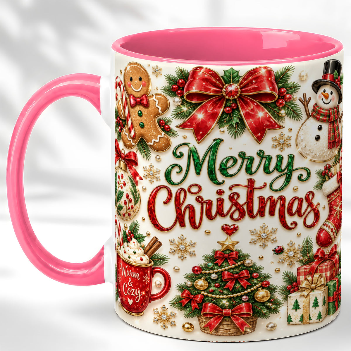 #pl[11oz|Pink] Merry Christmas Coffee Mug, Gingerbread Mug, Ceramic Cup