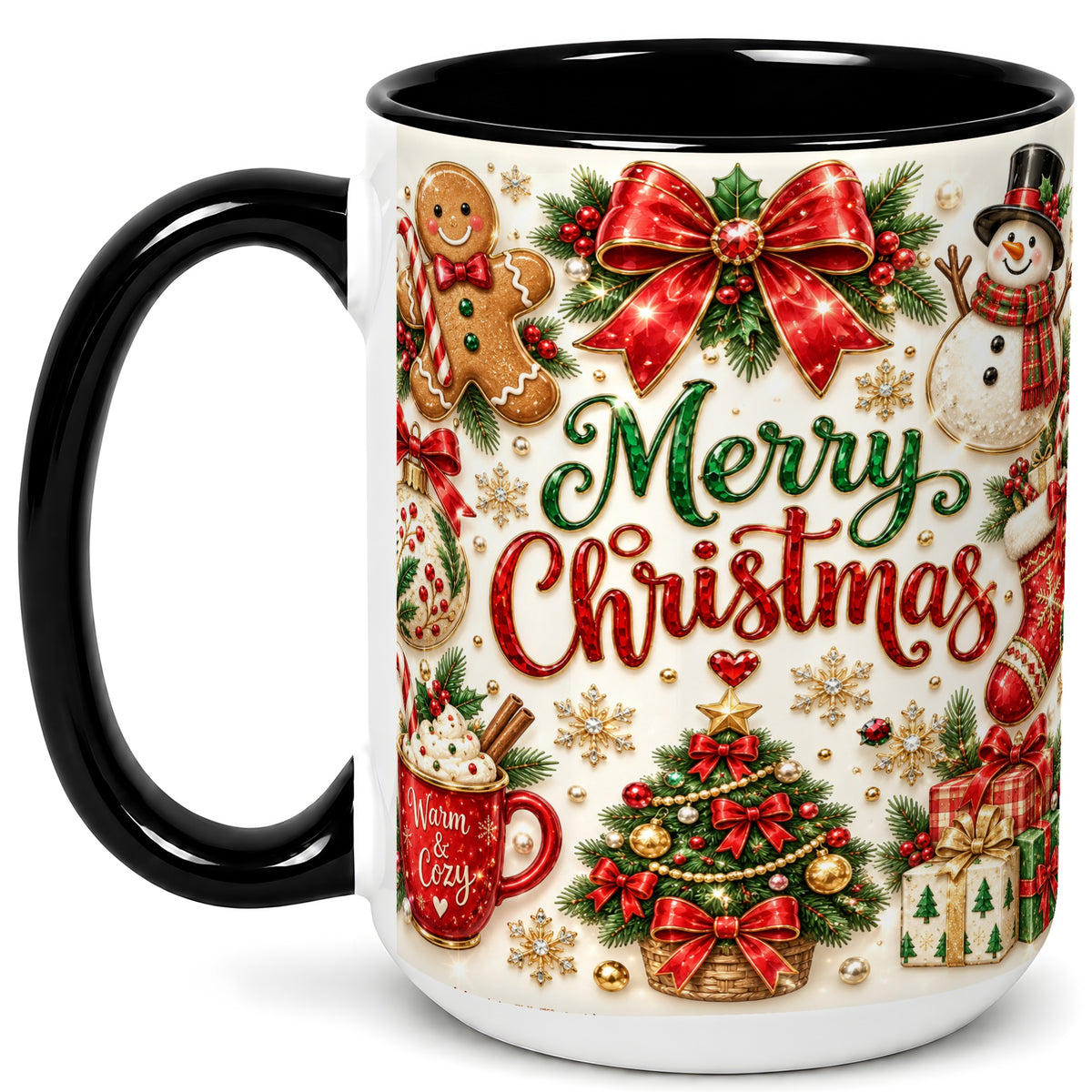 #pl[15oz|Black] Merry Christmas Coffee Mug, Gingerbread Mug, Ceramic Cup