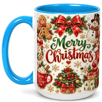 #pl[15oz|Blue] Merry Christmas Coffee Mug, Gingerbread Mug, Ceramic Cup
