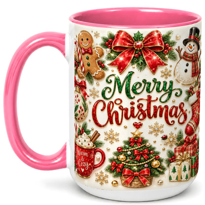 #pl[15oz|Pink] Merry Christmas Coffee Mug, Gingerbread Mug, Ceramic Cup