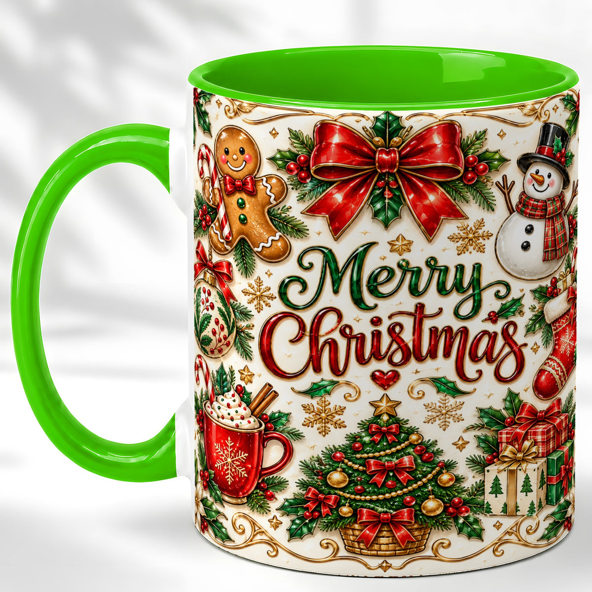 #pl[11oz|Green] Ornate Christmas Coffee Mug, Gingerbread Mug, Ceramic Cup