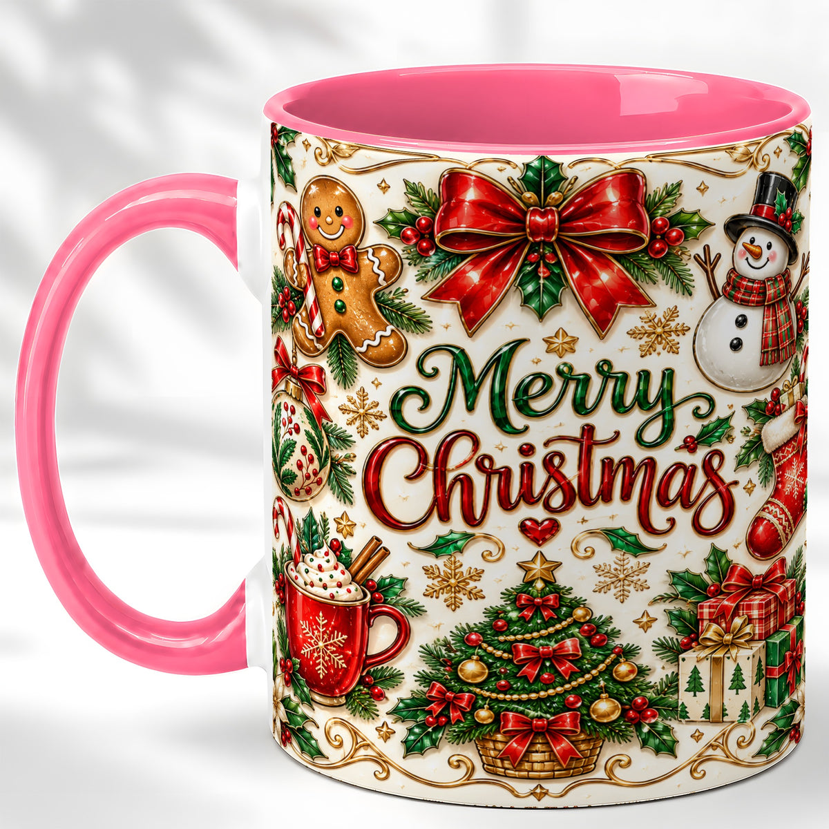 #pl[11oz|Pink] Ornate Christmas Coffee Mug, Gingerbread Mug, Ceramic Cup