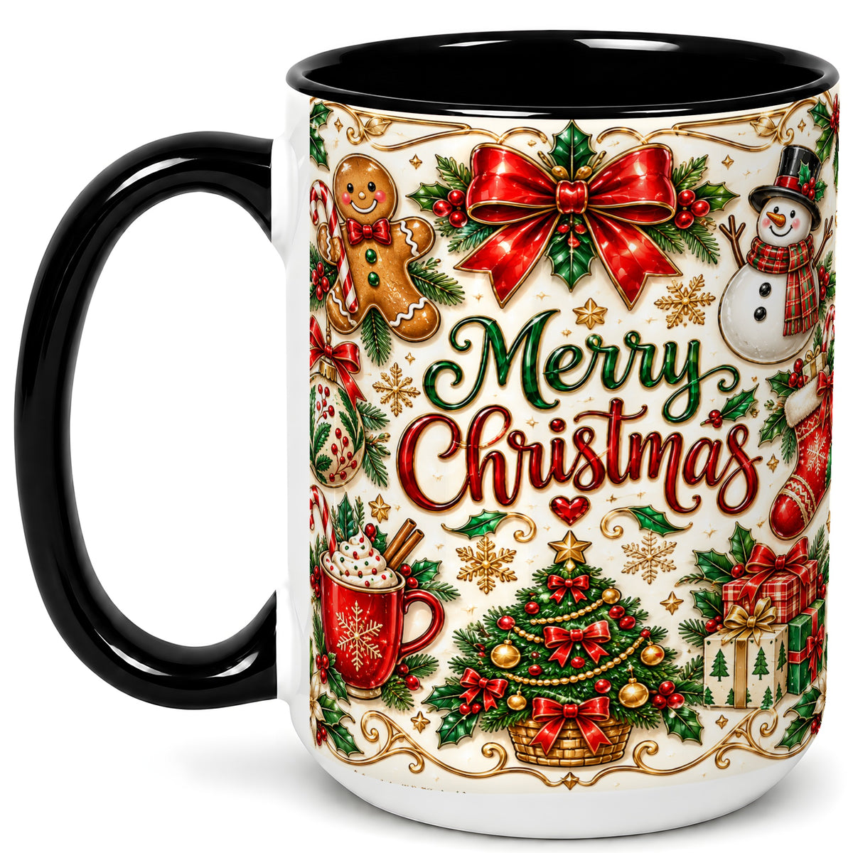 #pl[15oz|Black] Ornate Christmas Coffee Mug, Gingerbread Mug, Ceramic Cup