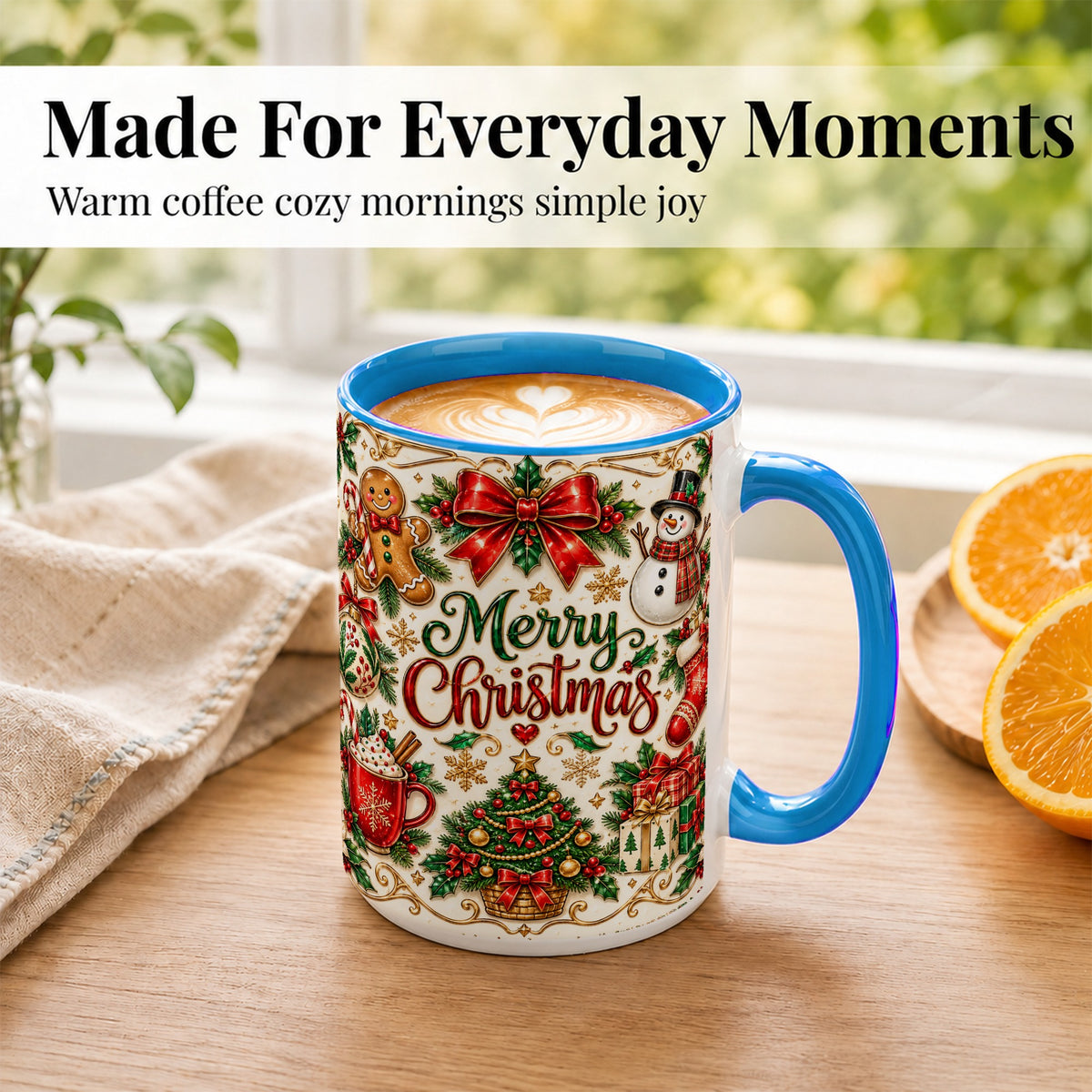 #pl[15oz|Blue] Ornate Christmas Coffee Mug, Gingerbread Mug, Ceramic Cup