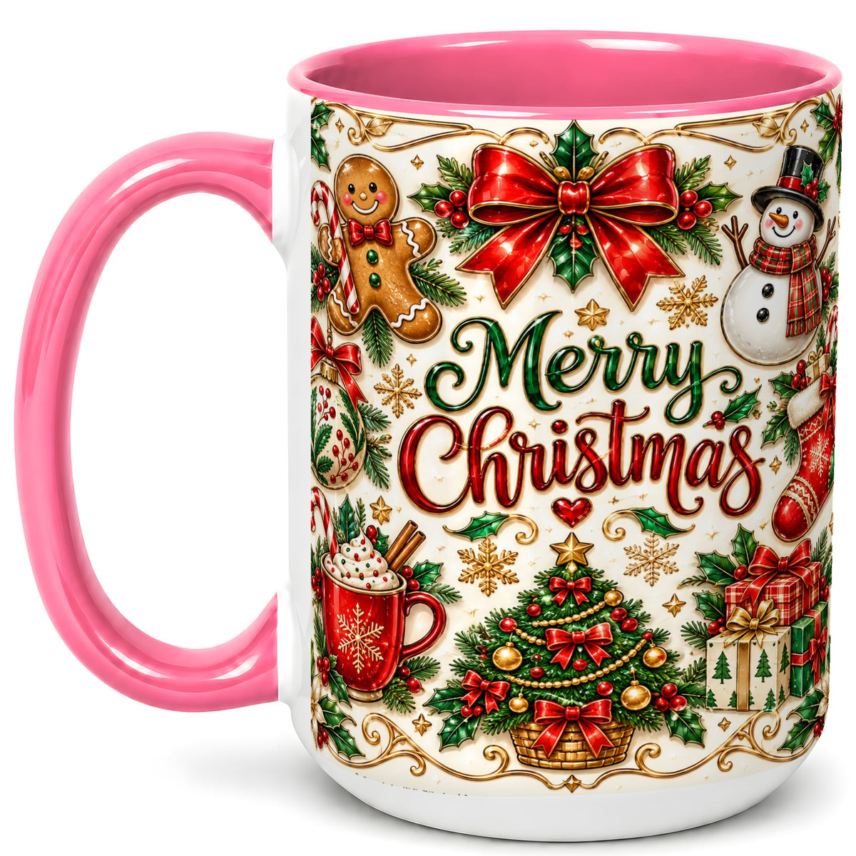 #pl[15oz|Pink] Ornate Christmas Coffee Mug, Gingerbread Mug, Ceramic Cup