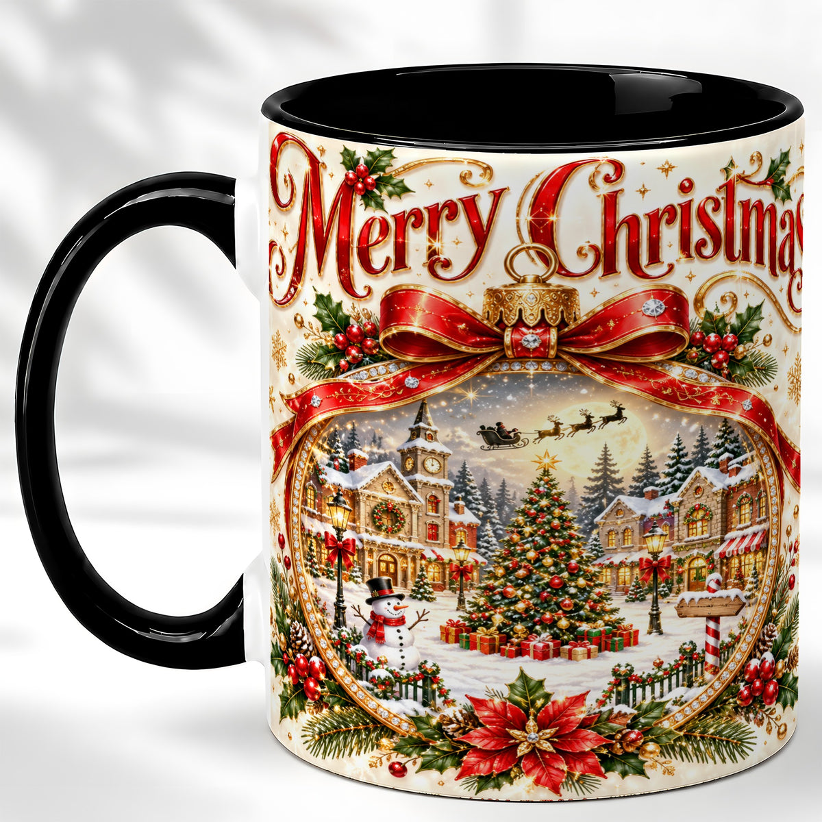 #pl[11oz|Black] Christmas Village Coffee Mug, Snowy Holiday Mug, Ceramic Cup