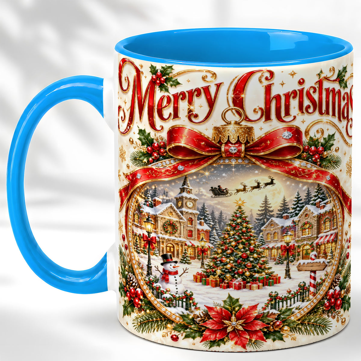 #pl[11oz|Blue] Christmas Village Coffee Mug, Snowy Holiday Mug, Ceramic Cup