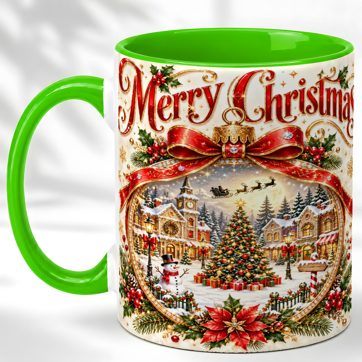 #pl[11oz|Green] Christmas Village Coffee Mug, Snowy Holiday Mug, Ceramic Cup
