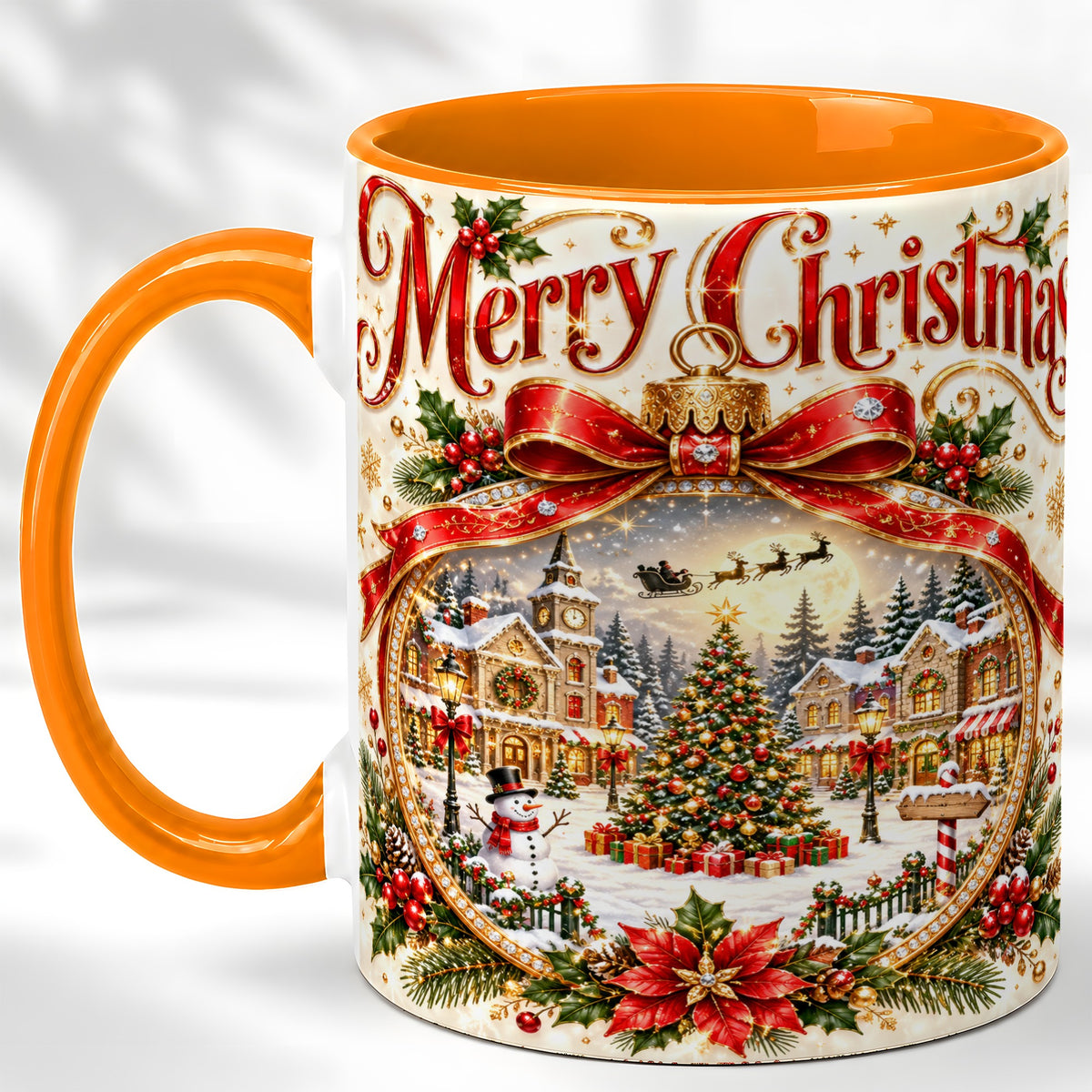 #pl[11oz|Orange] Christmas Village Coffee Mug, Snowy Holiday Mug, Ceramic Cup