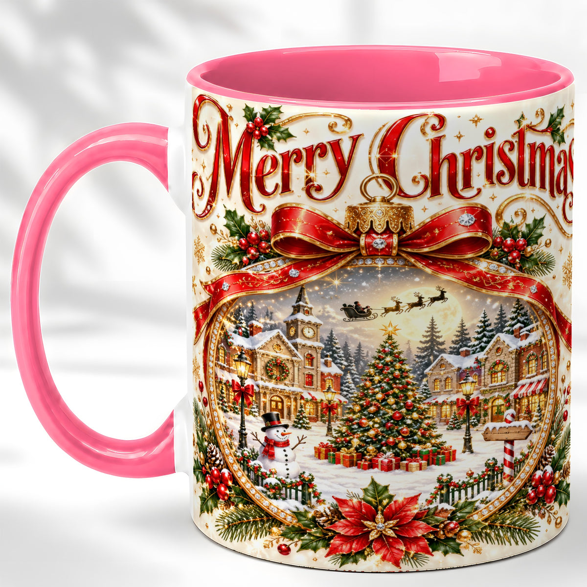 #pl[11oz|Pink] Christmas Village Coffee Mug, Snowy Holiday Mug, Ceramic Cup
