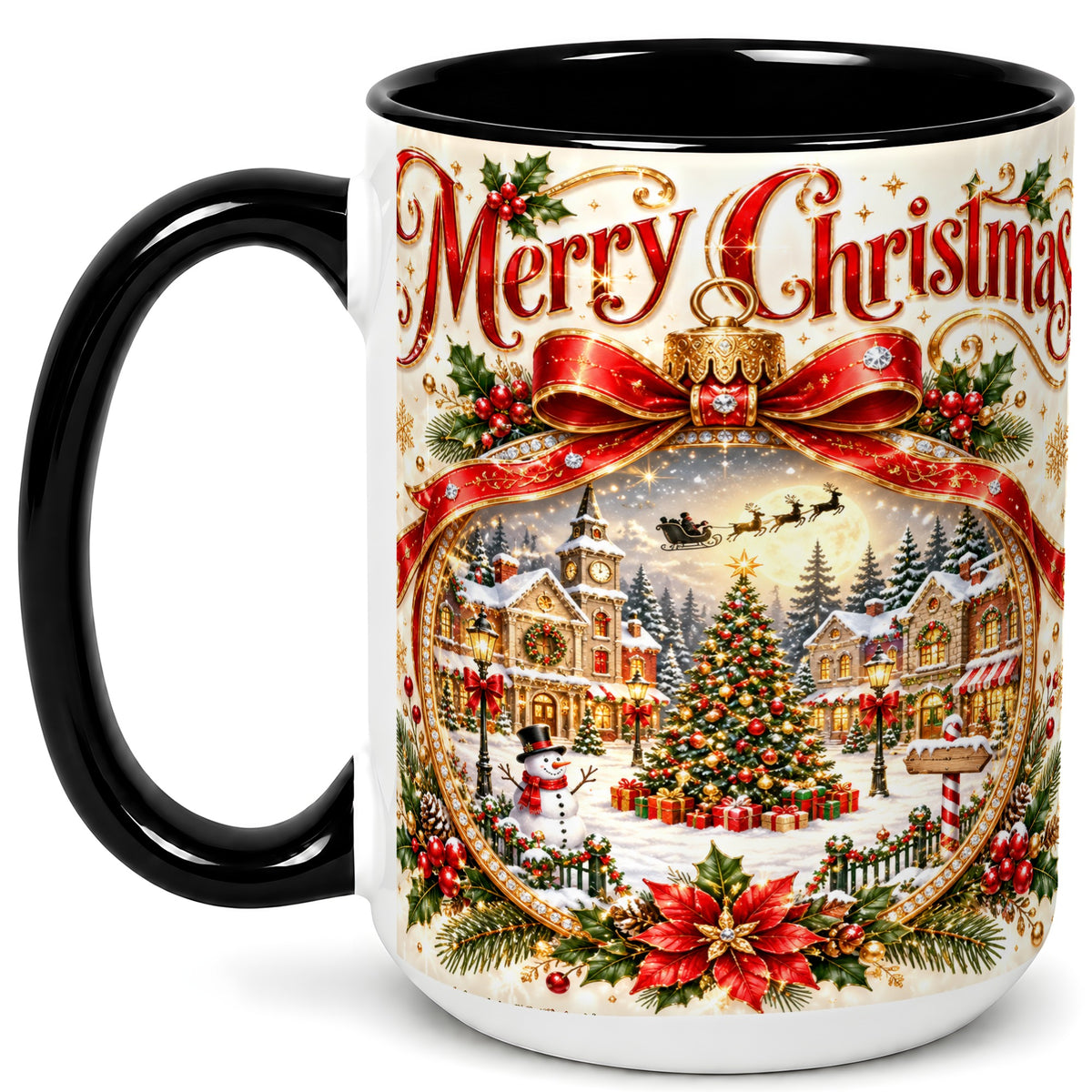 #pl[15oz|Black] Christmas Village Coffee Mug, Snowy Holiday Mug, Ceramic Cup