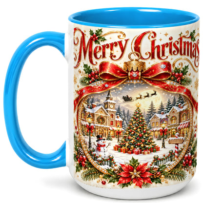 #pl[15oz|Blue] Christmas Village Coffee Mug, Snowy Holiday Mug, Ceramic Cup