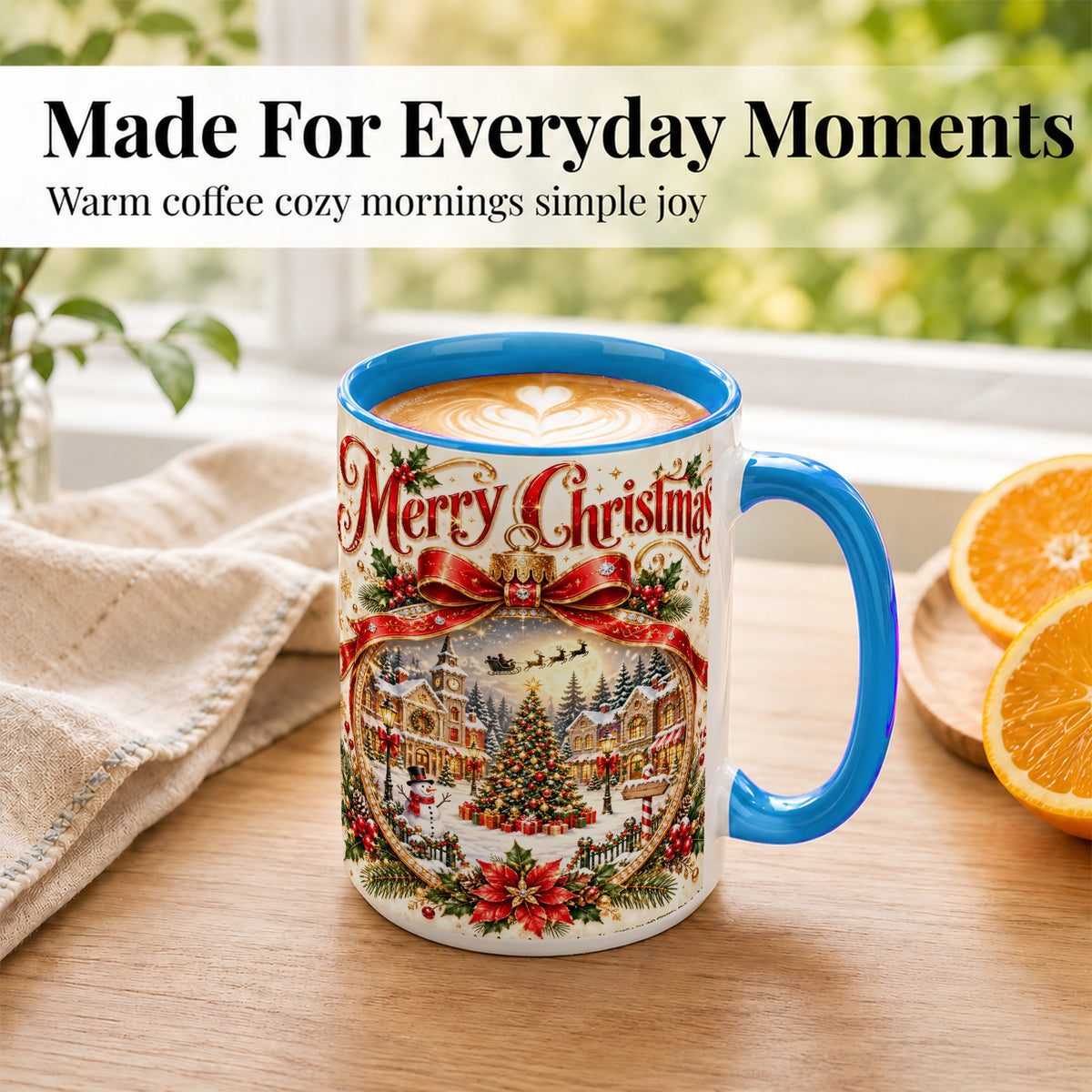 #pl[15oz|Blue] Christmas Village Coffee Mug, Snowy Holiday Mug, Ceramic Cup