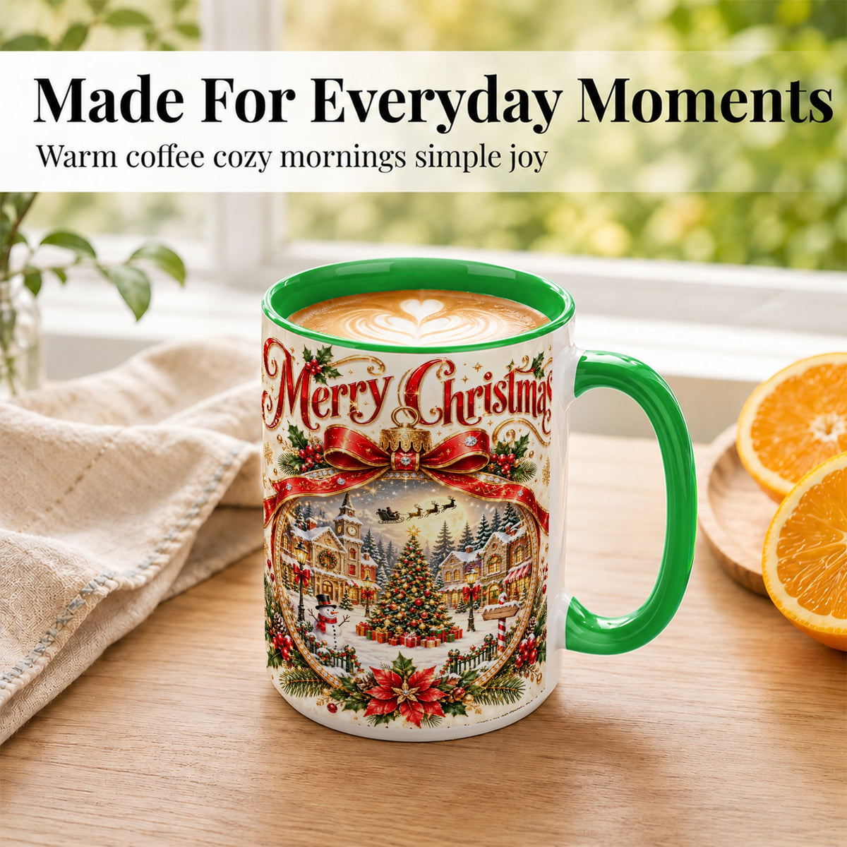 #pl[15oz|Green] Christmas Village Coffee Mug, Snowy Holiday Mug, Ceramic Cup