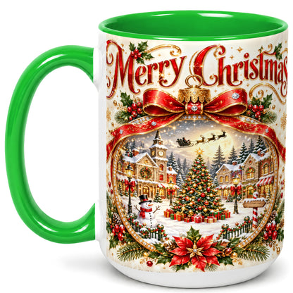 #pl[15oz|Green] Christmas Village Coffee Mug, Snowy Holiday Mug, Ceramic Cup