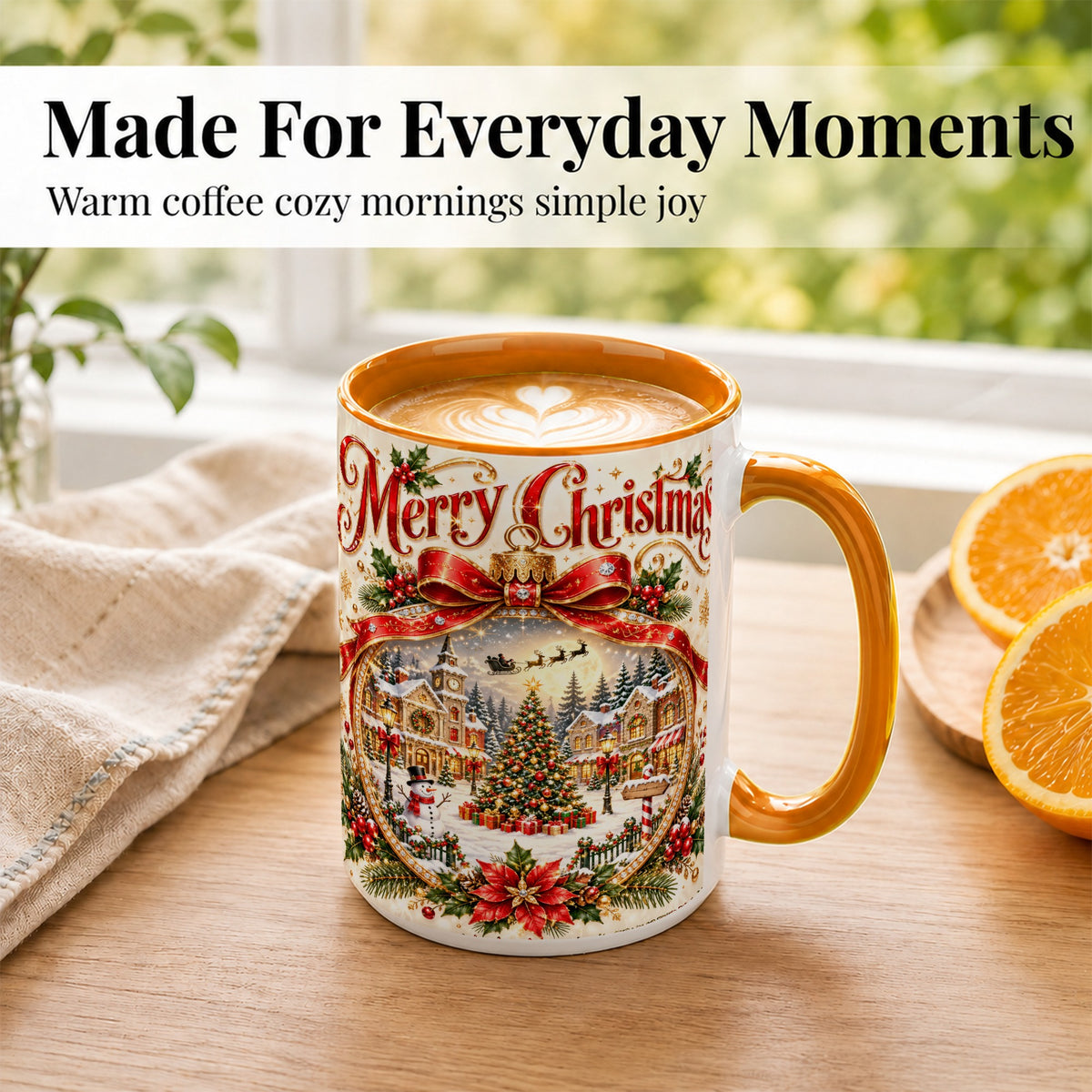#pl[15oz|Orange] Christmas Village Coffee Mug, Snowy Holiday Mug, Ceramic Cup