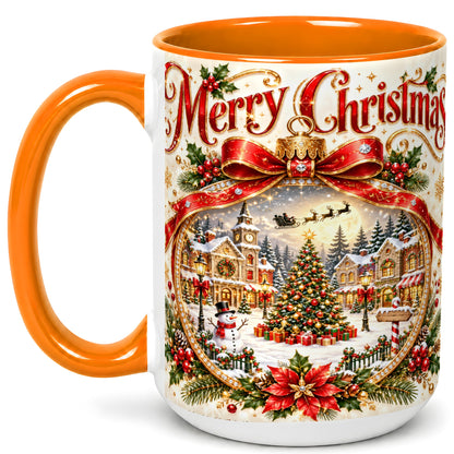 #pl[15oz|Orange] Christmas Village Coffee Mug, Snowy Holiday Mug, Ceramic Cup