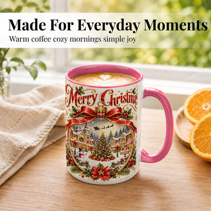 #pl[15oz|Pink] Christmas Village Coffee Mug, Snowy Holiday Mug, Ceramic Cup