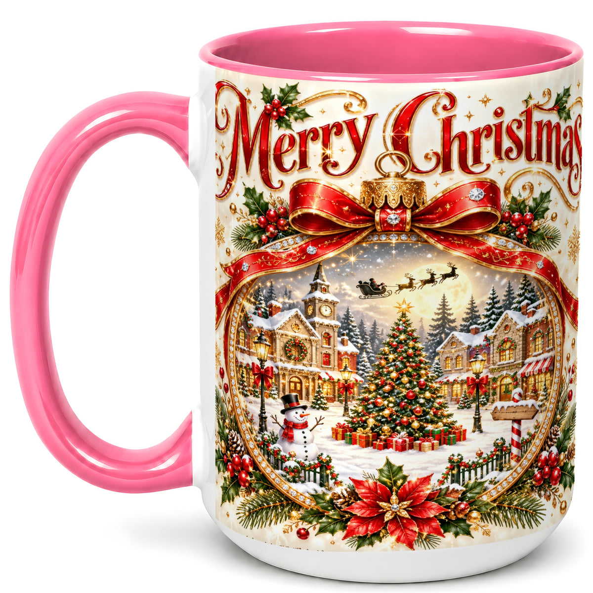 #pl[15oz|Pink] Christmas Village Coffee Mug, Snowy Holiday Mug, Ceramic Cup