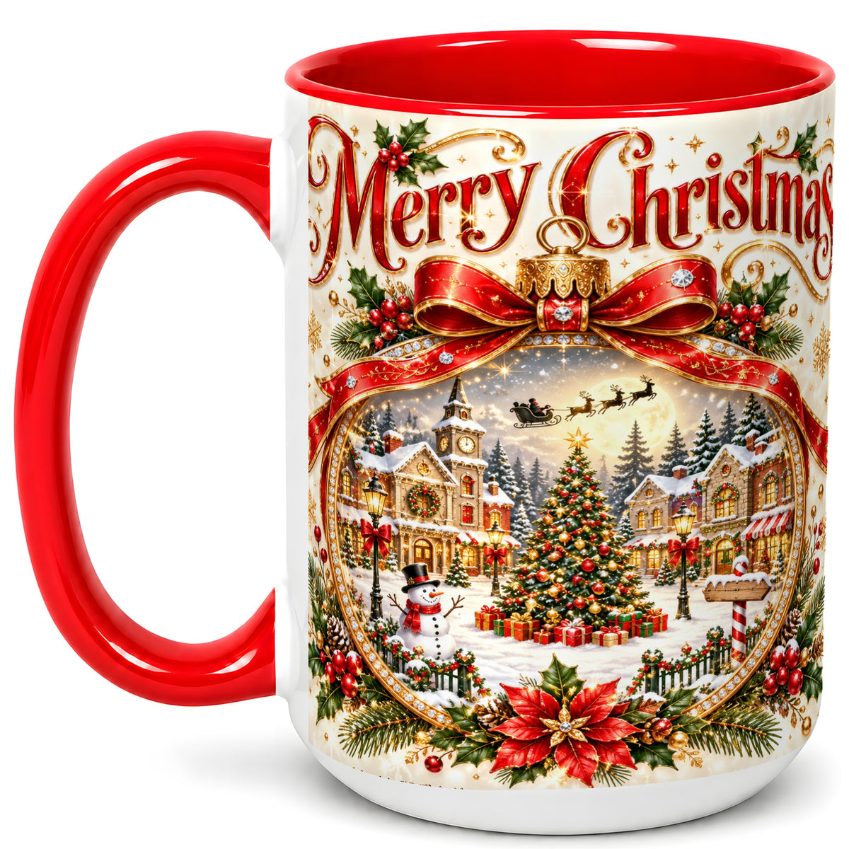 #pl[15oz|Red] Christmas Village Coffee Mug, Snowy Holiday Mug, Ceramic Cup