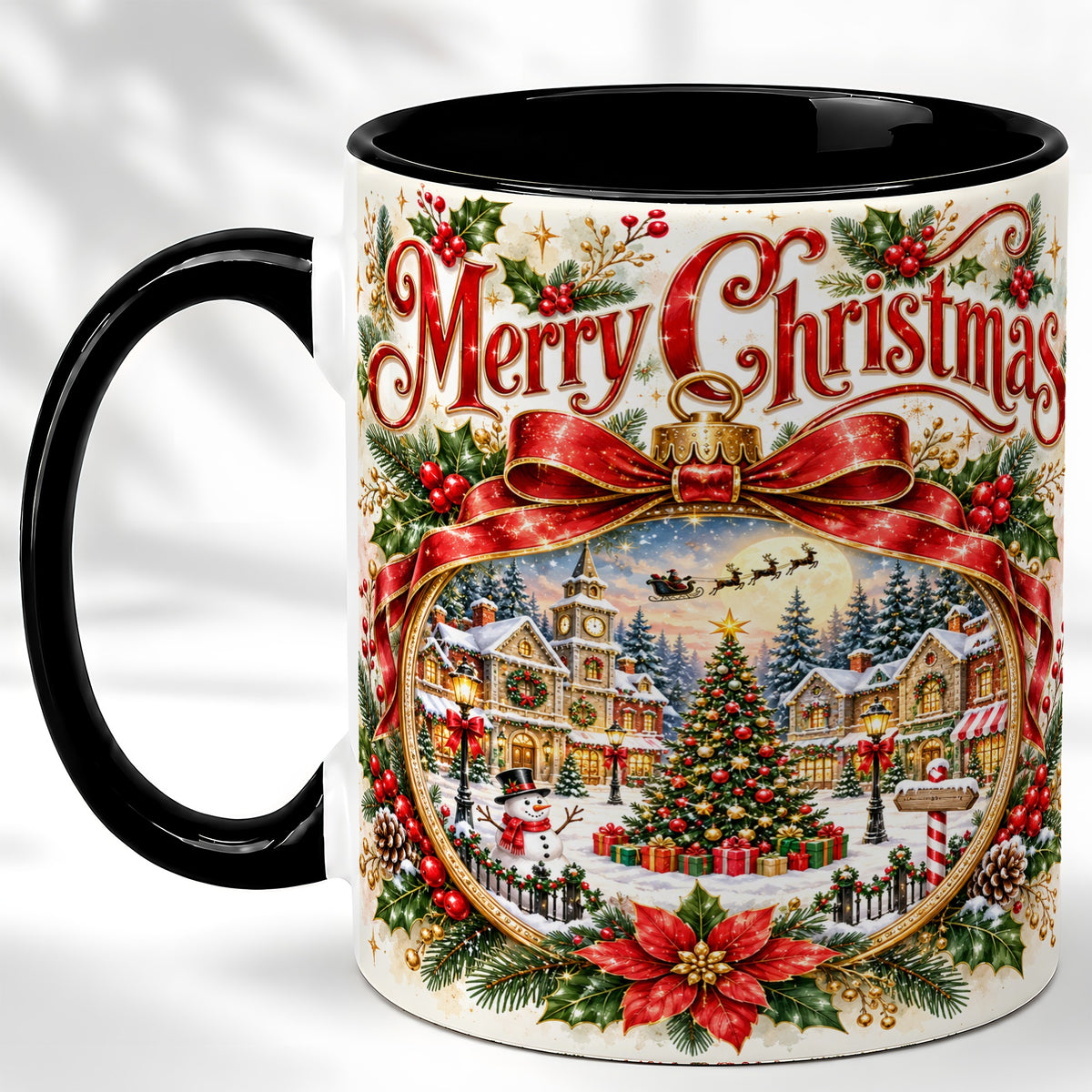 #pl[11oz|Black] Botanical Christmas Coffee Mug, Winter Village Mug, Ceramic Cup