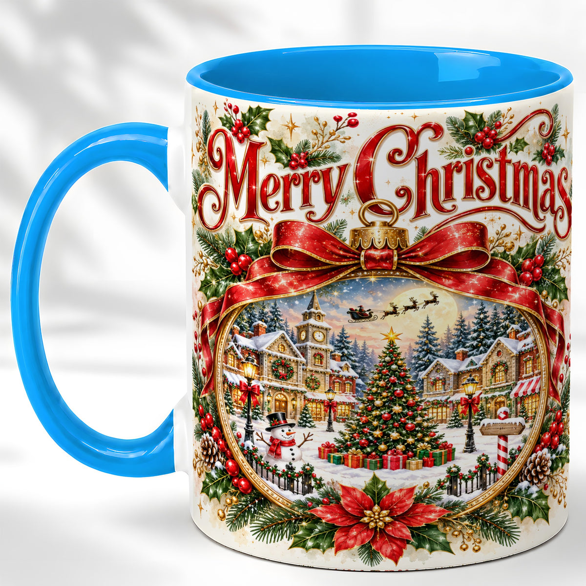 #pl[11oz|Blue] Botanical Christmas Coffee Mug, Winter Village Mug, Ceramic Cup