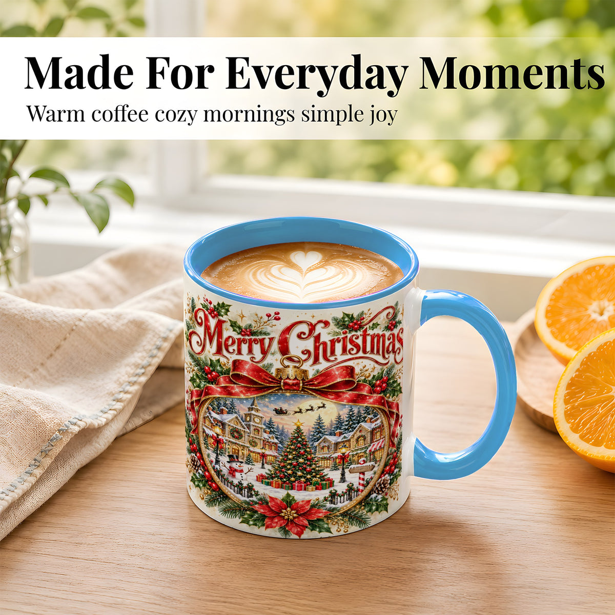 #pl[11oz|Blue] Botanical Christmas Coffee Mug, Winter Village Mug, Ceramic Cup