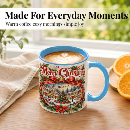 #pl[11oz|Blue] Botanical Christmas Coffee Mug, Winter Village Mug, Ceramic Cup