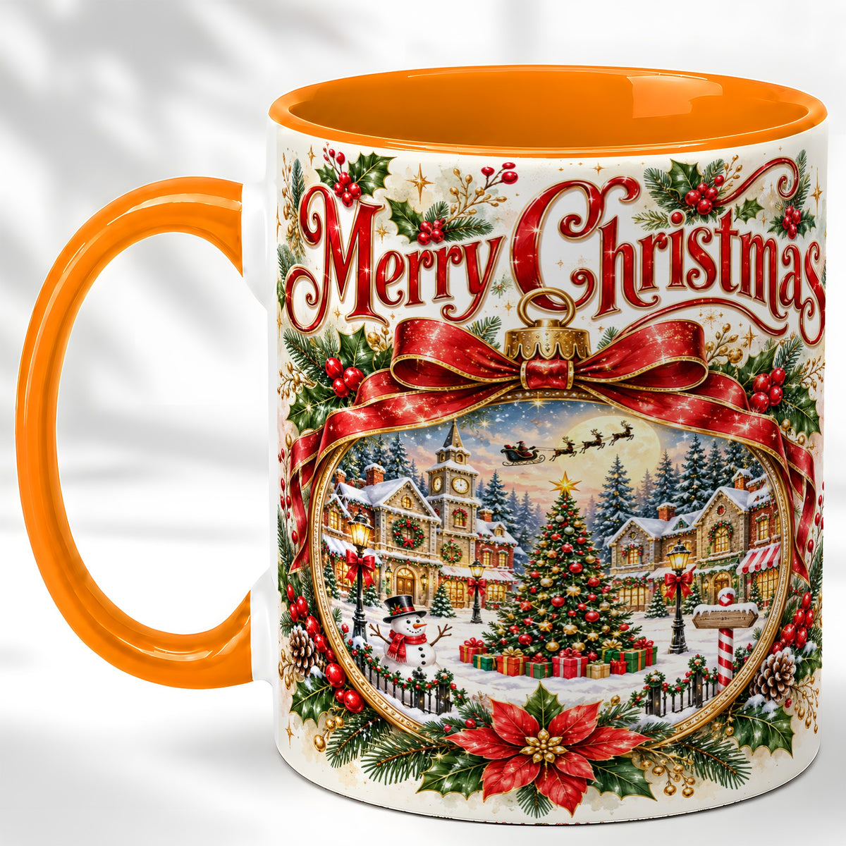 #pl[11oz|Orange] Botanical Christmas Coffee Mug, Winter Village Mug, Ceramic Cup