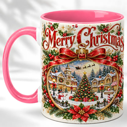 #pl[11oz|Pink] Botanical Christmas Coffee Mug, Winter Village Mug, Ceramic Cup