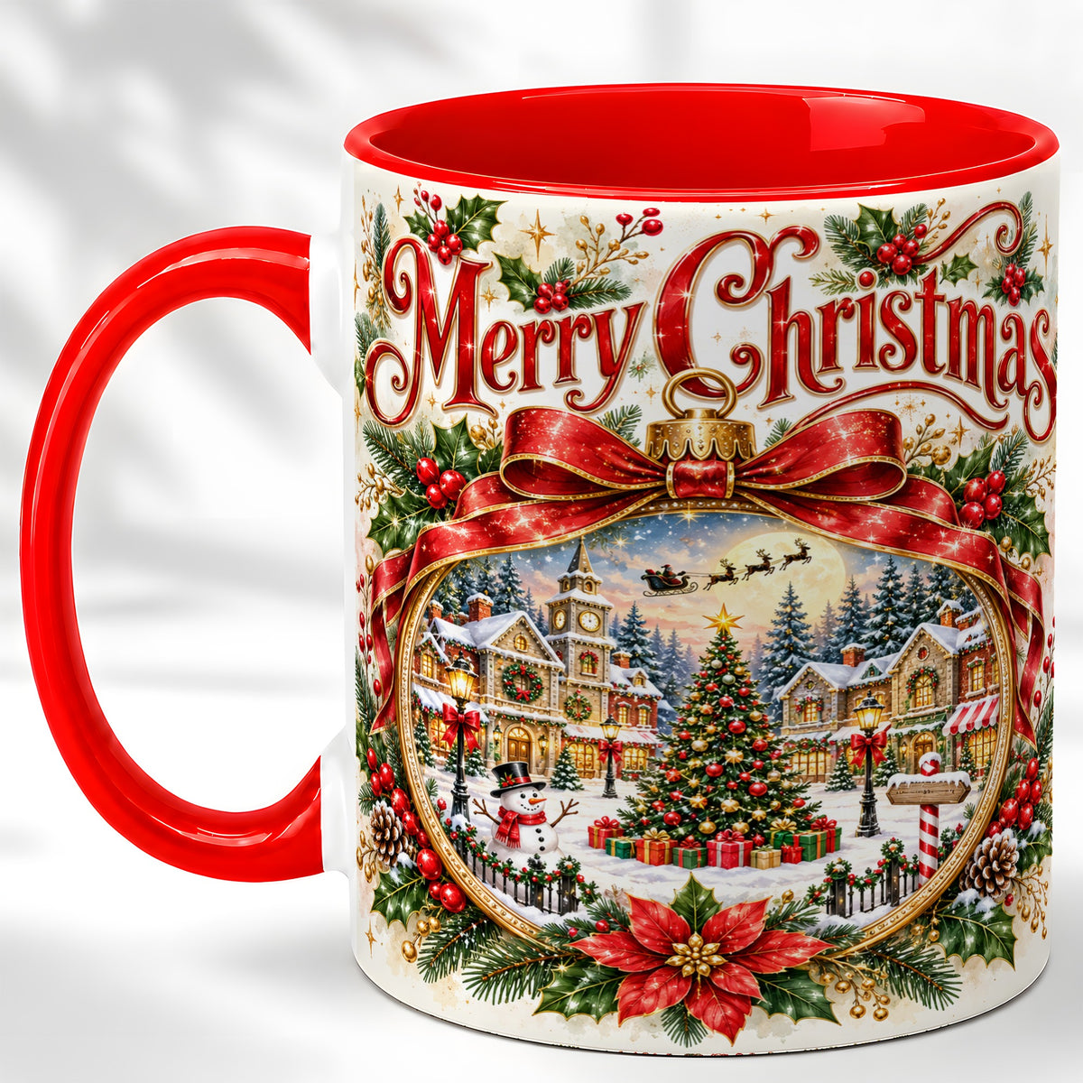 Botanical Christmas Coffee Mug, Winter Village Mug, Ceramic Cup