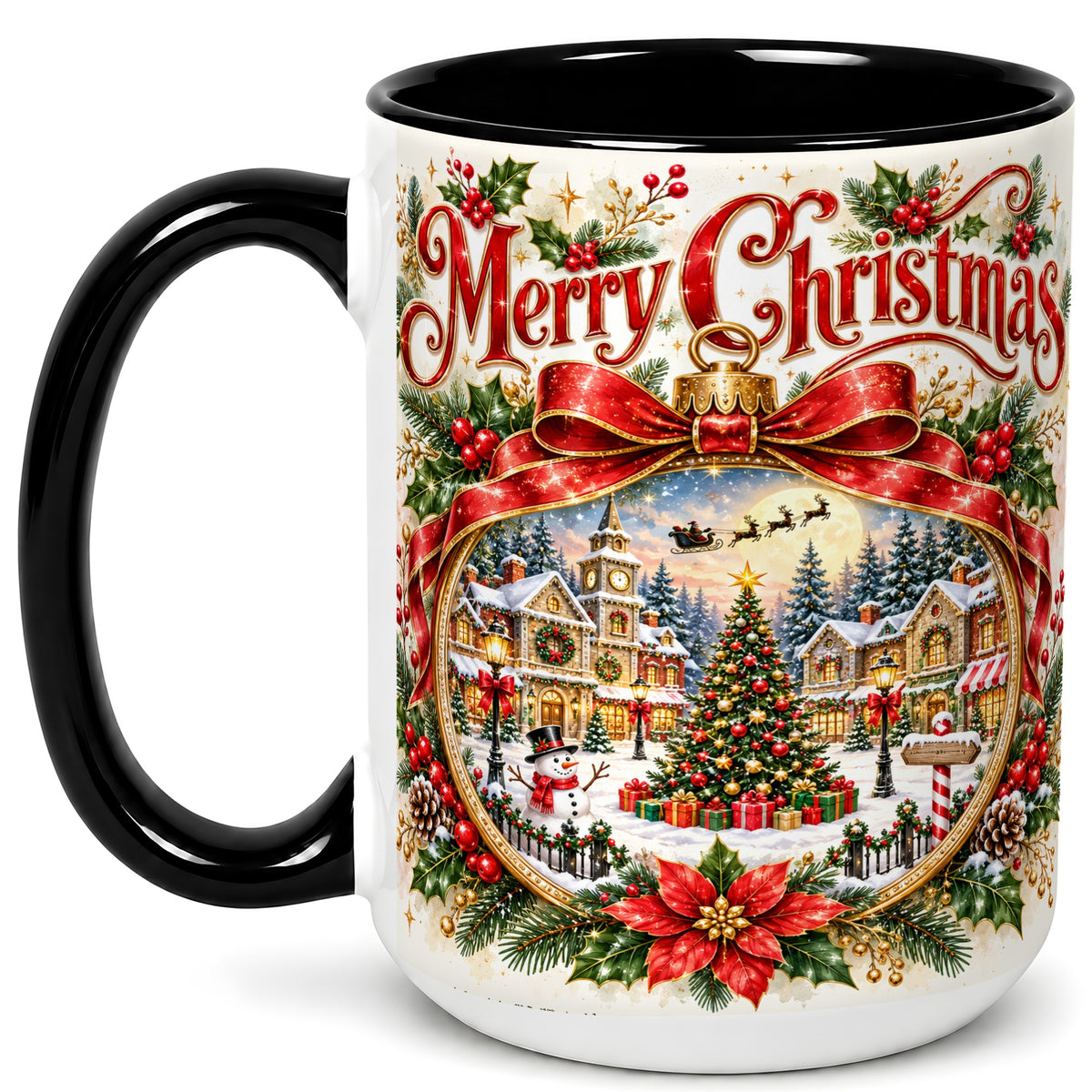 #pl[15oz|Black] Botanical Christmas Coffee Mug, Winter Village Mug, Ceramic Cup