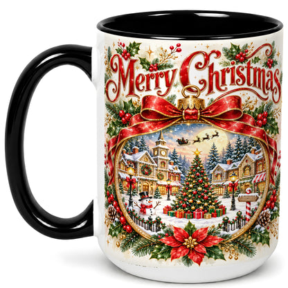 #pl[15oz|Black] Botanical Christmas Coffee Mug, Winter Village Mug, Ceramic Cup