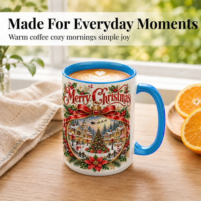#pl[15oz|Blue] Botanical Christmas Coffee Mug, Winter Village Mug, Ceramic Cup