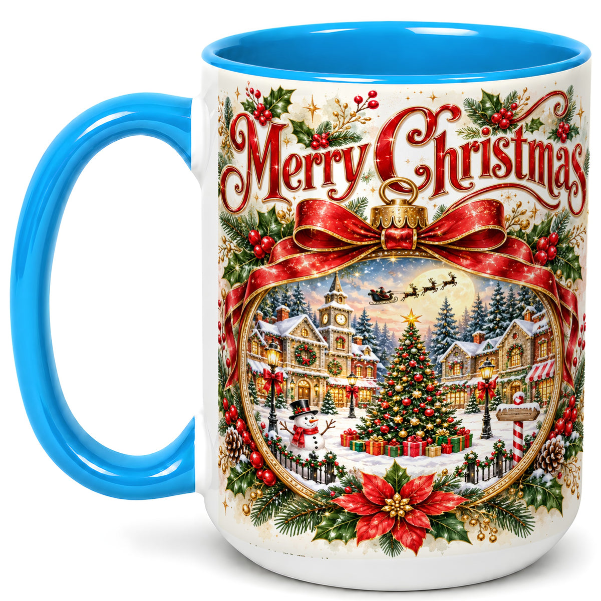 #pl[15oz|Blue] Botanical Christmas Coffee Mug, Winter Village Mug, Ceramic Cup
