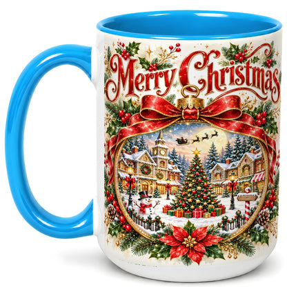 #pl[15oz|Blue] Botanical Christmas Coffee Mug, Winter Village Mug, Ceramic Cup